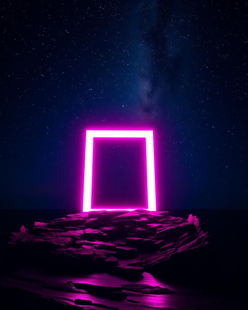 Glowing portal gateway on a cliffside under the Milky Way